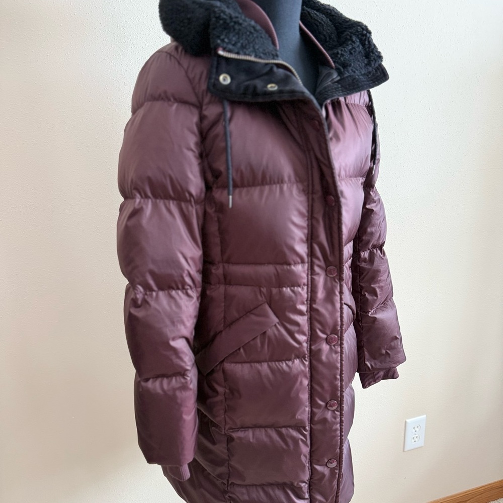 Coach Plum Down Puffer Coat Long Hooded Faux Fur Trim Small Winter - Picture 5 of 16